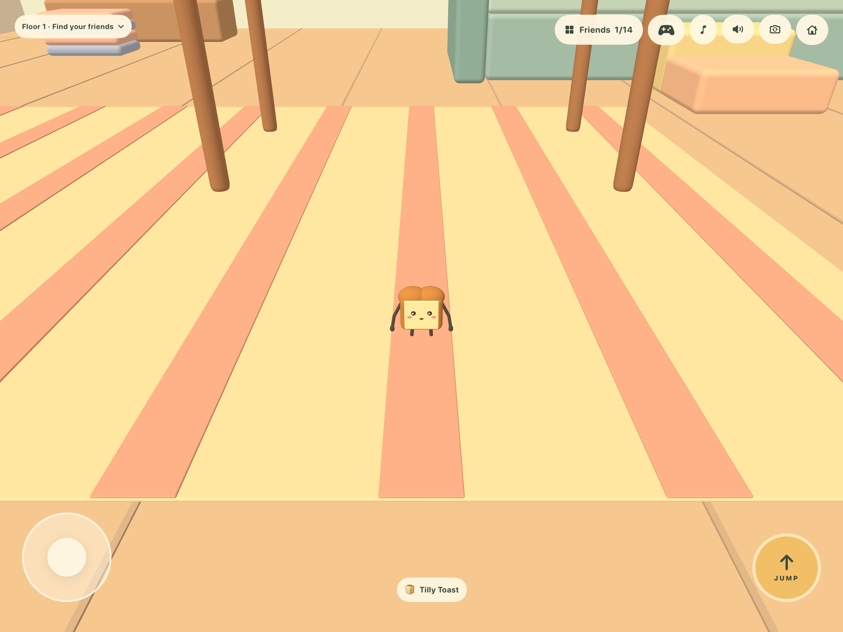 Tilly Toast exploring beneath enormous furniture in the game