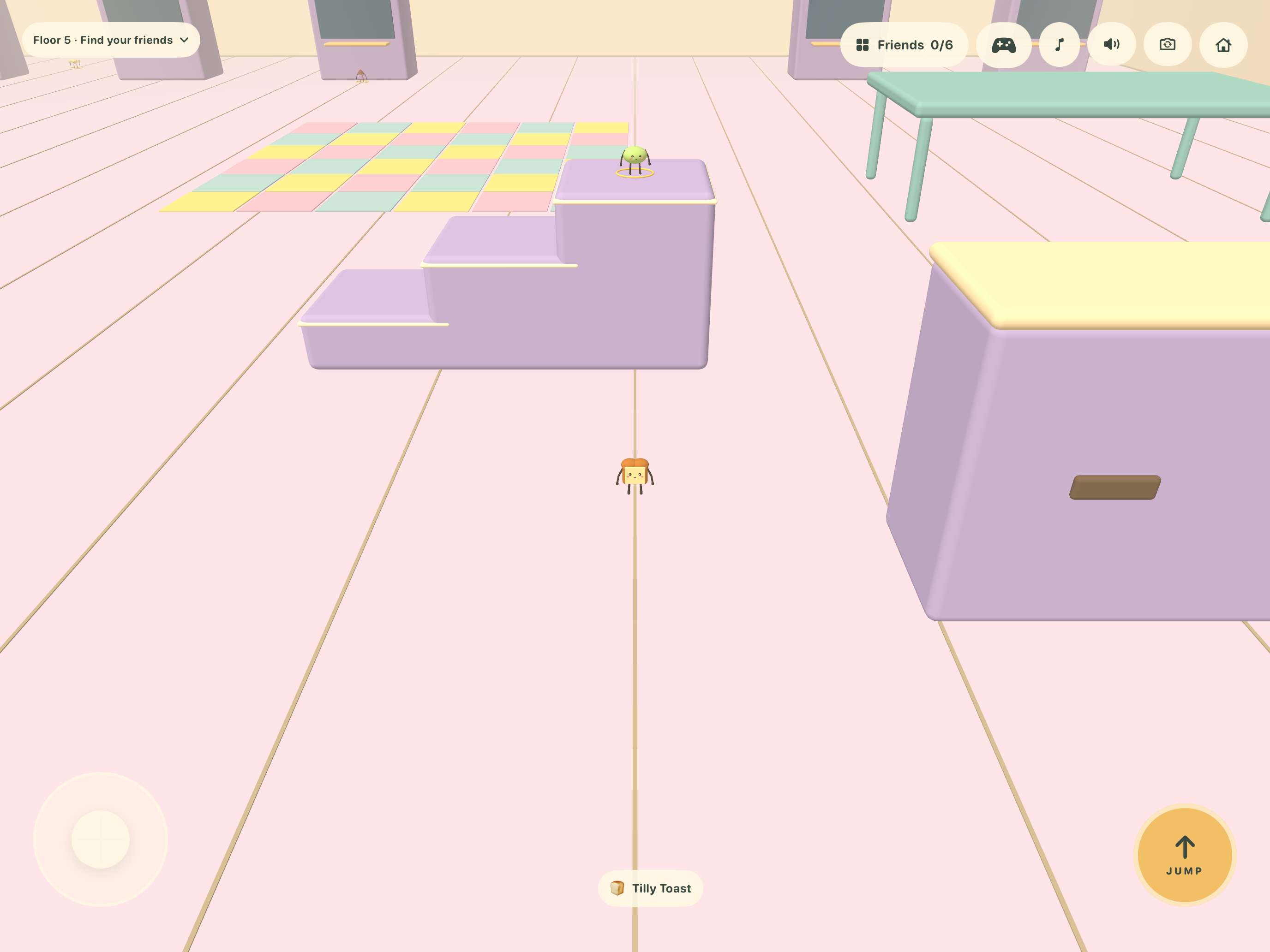 Small food friends hiding around pastel obstacles on the Rainbow Arcade floor